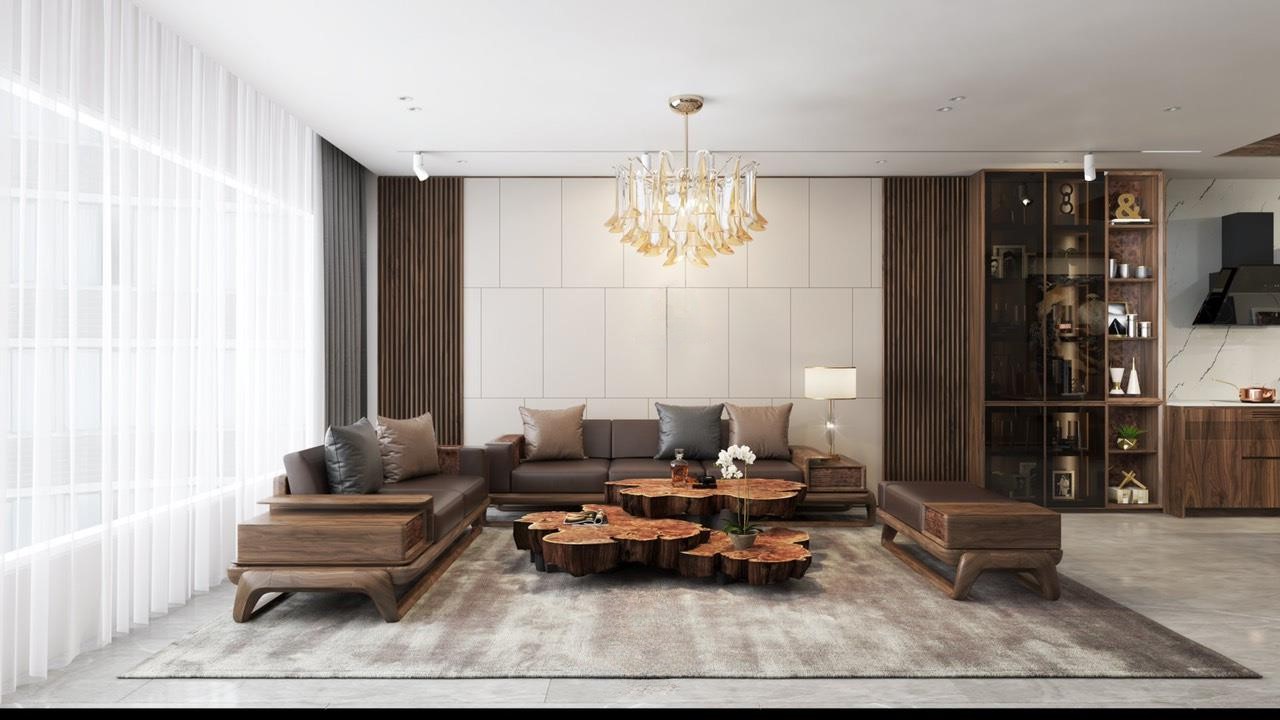 Sofa gỗ phòng khách gỗ óc chó hoặc gỗ gụ màu nâu trầm với bàn trà nguyên khối veneer nu