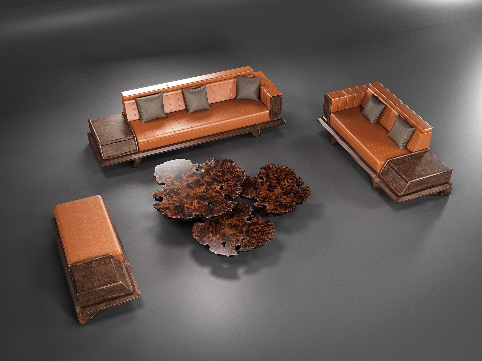 Sofa gỗ tự nhiên khung gỗ óc chó hoặc gỗ gụ kết hợp đệm da cam kẻ sọc