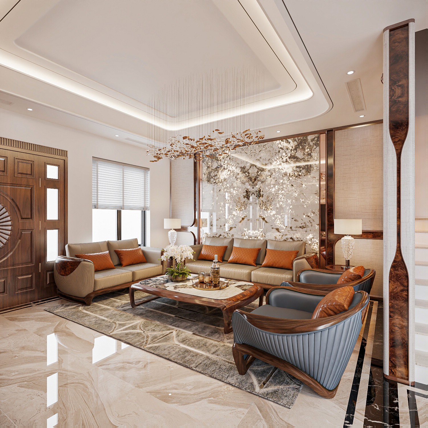 Sofa gỗ óc chó phối da màu nâu tự nhiên và ghế đơn bọc da xanh đá