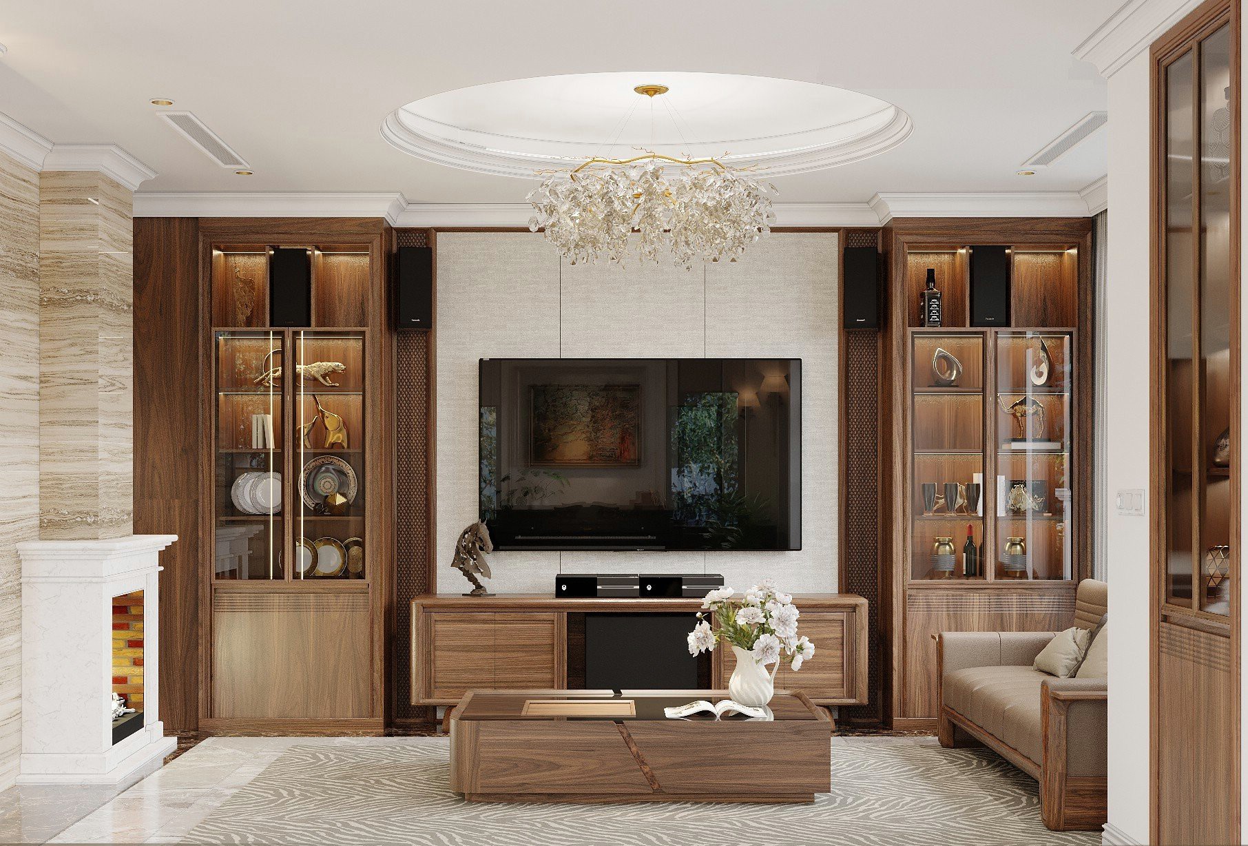 Thiết kế kệ tivi phòng khách gỗ sồi tự nhiên dáng thấp với ngăn tủ tiện lợi