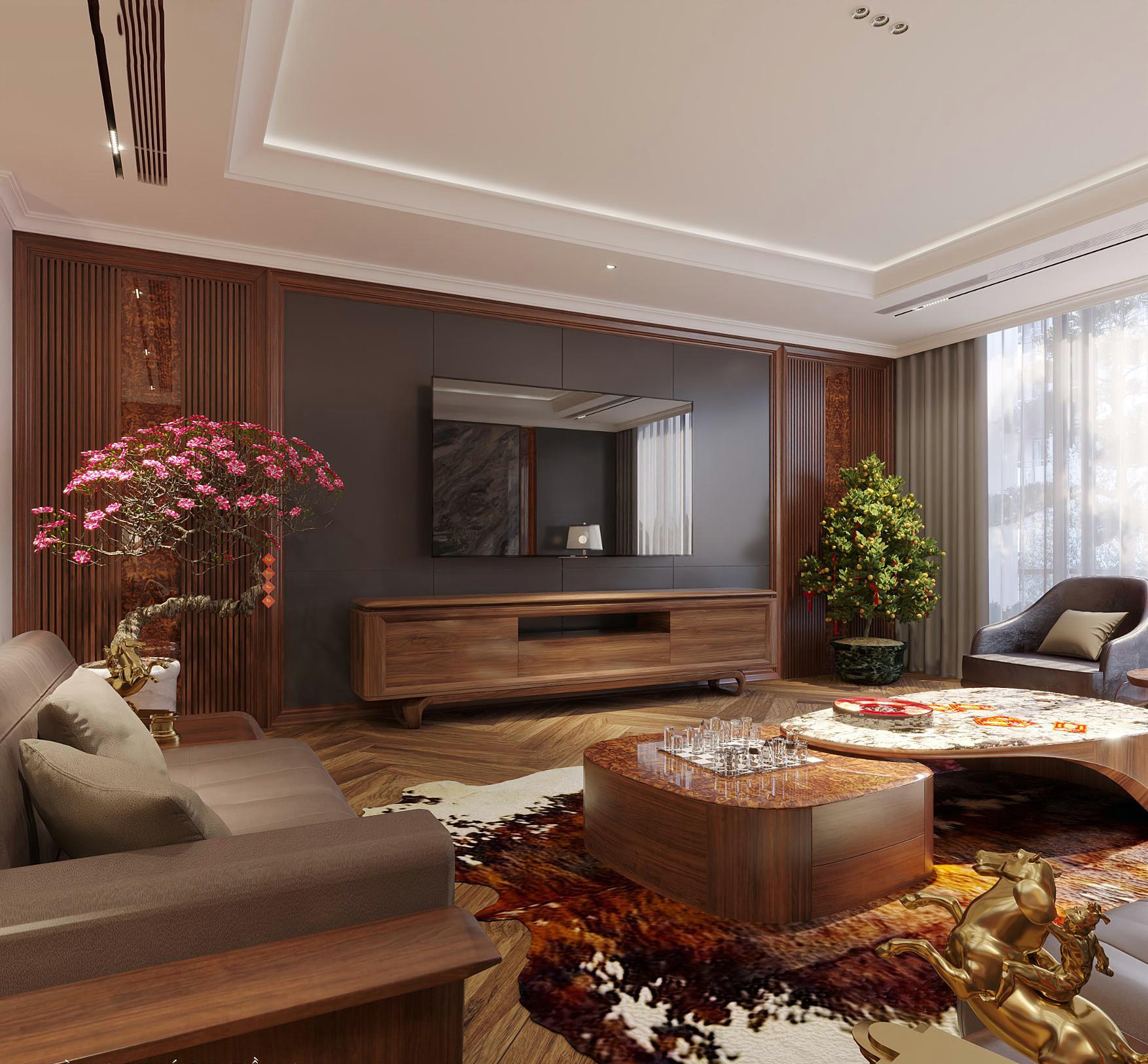 Thiết kế kệ tivi phòng khách gỗ óc chó dáng thấp, chân chữ U liền khối và nhiều ngăn tiện dụng