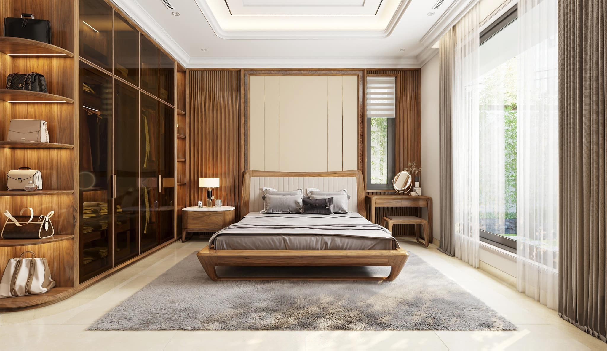 Thiết kế nội thất biệt thự gỗ óc chó sang trọng và hiện đại
