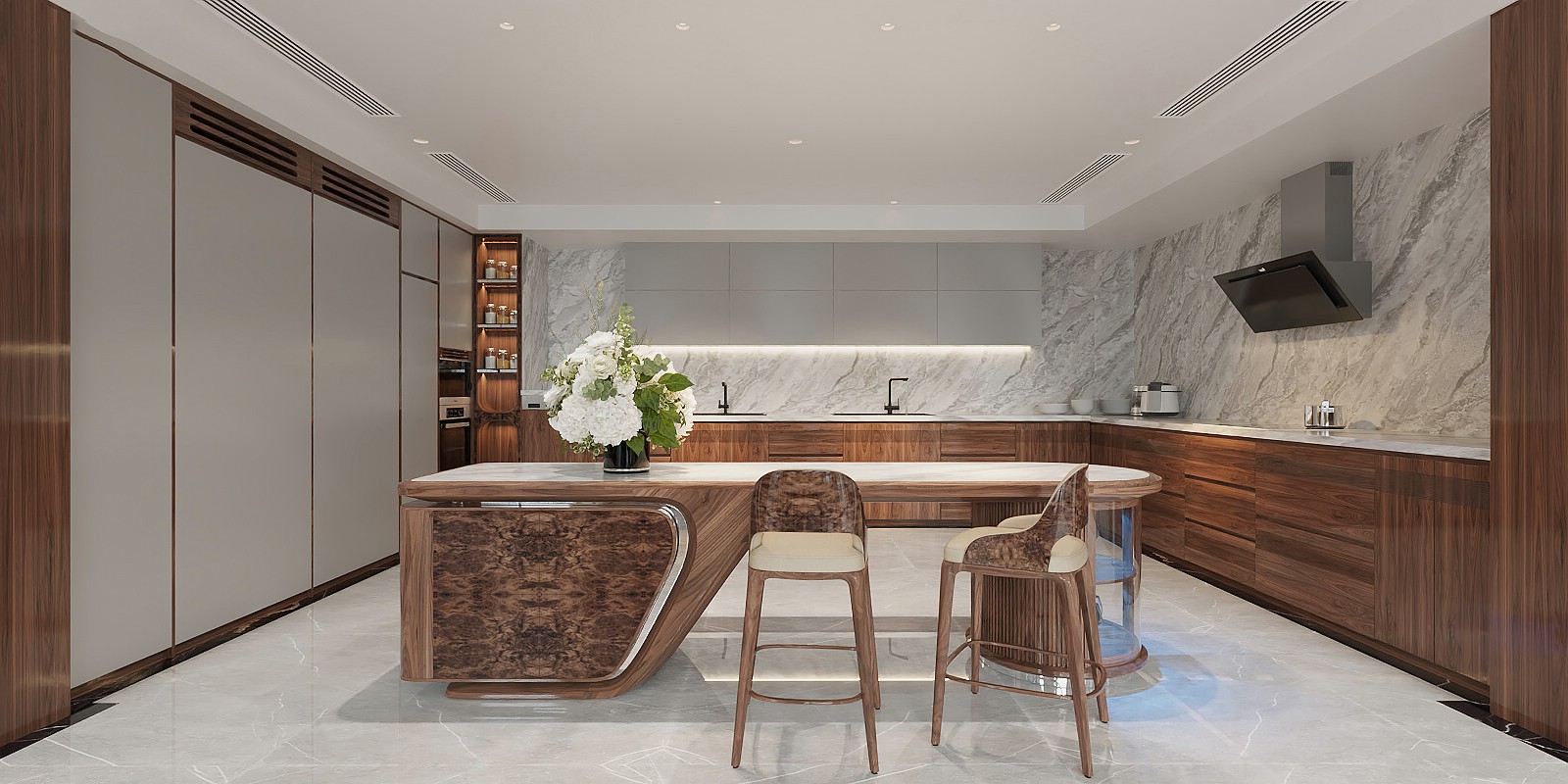 Thiết kế nội thất biệt thự với không gian bếp hiện đại, gỗ veneer óc chó và đá marble