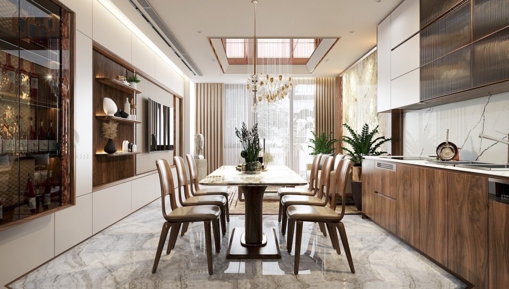 Thiết kế nội thất chung cư với bàn ăn đá marble, tủ bếp chữ I và tủ rượu âm tường