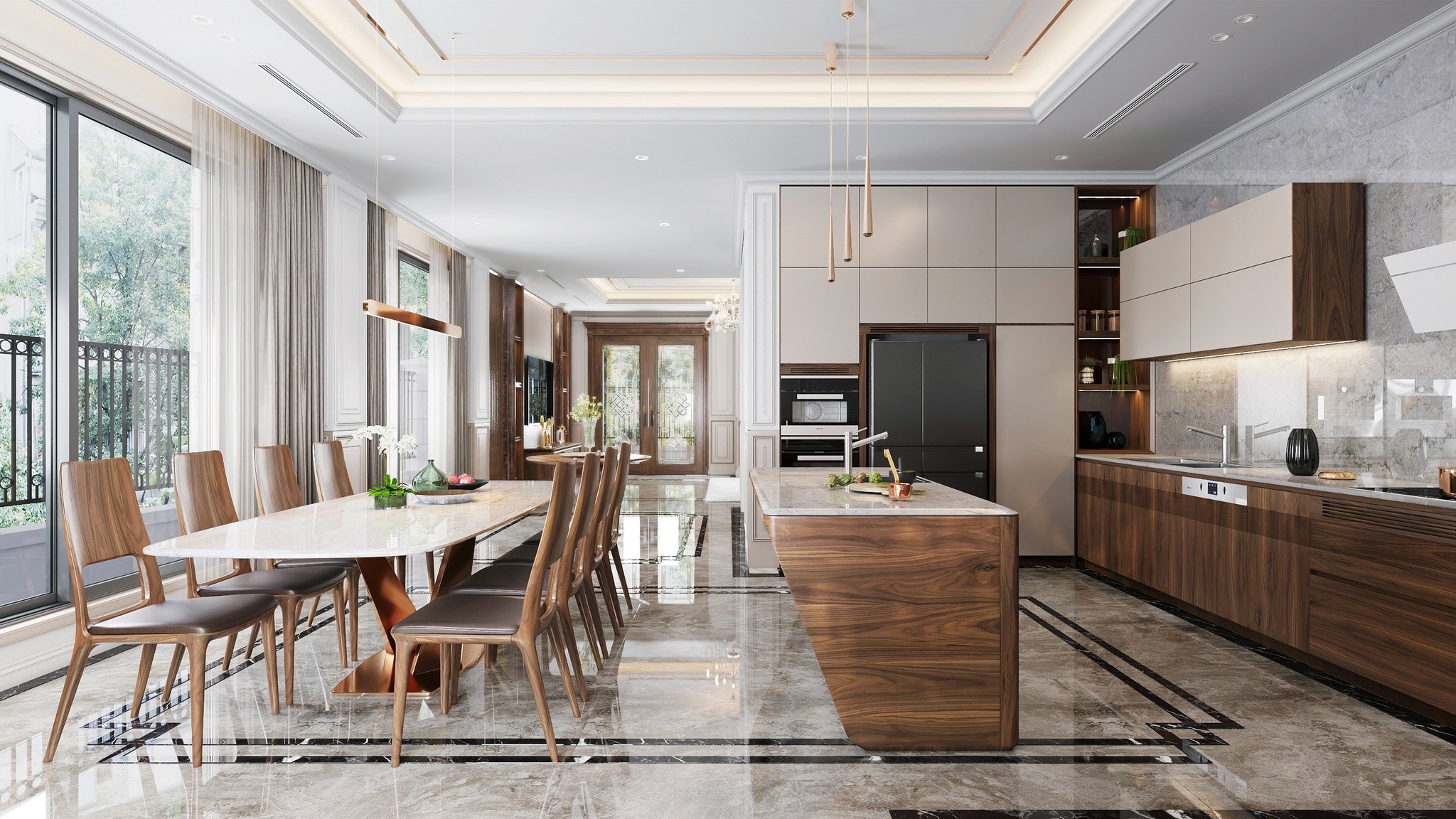 Thiết kế nội thất phòng bếp hiện đại với tủ bếp chữ L, bàn đảo và bàn ăn đá trắng