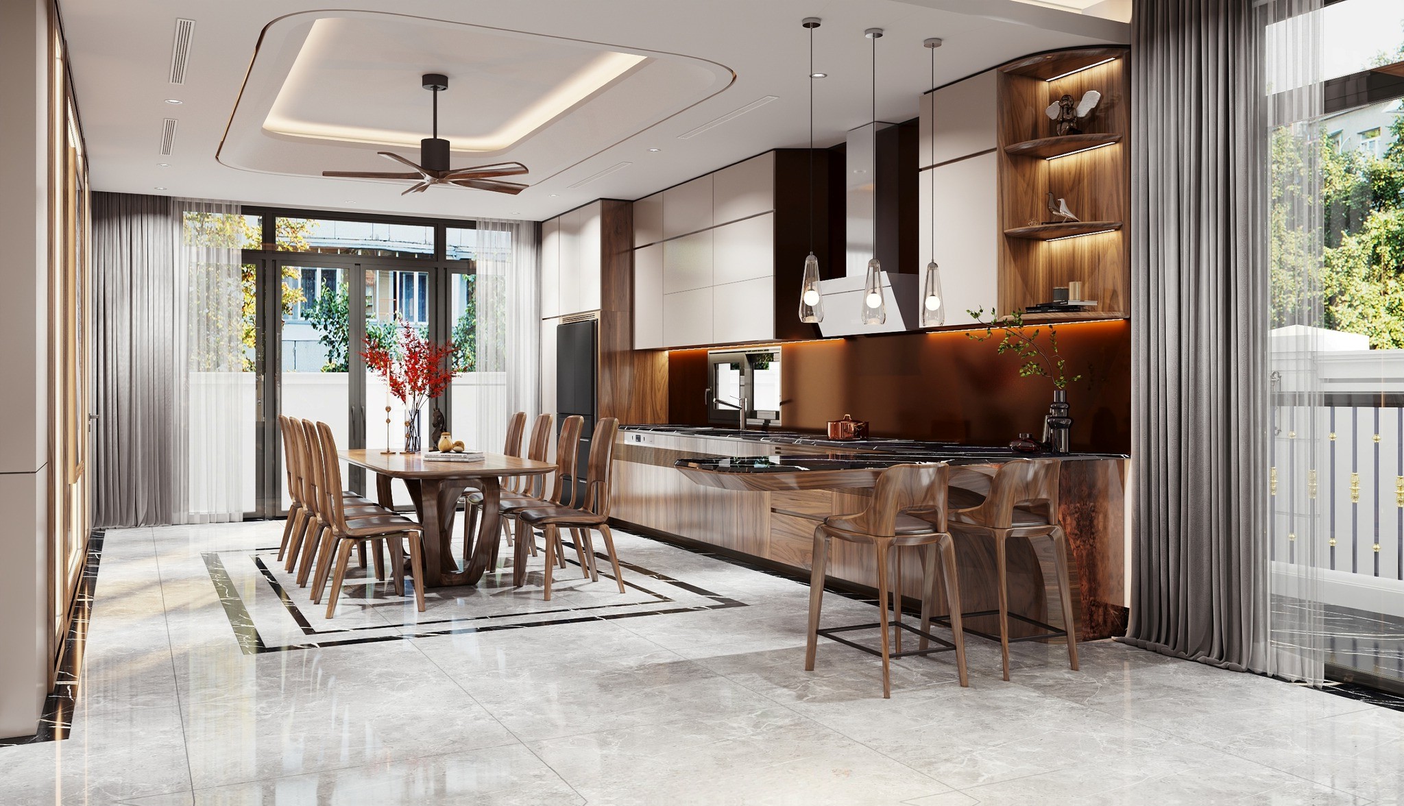 Thiết kế nội thất phòng bếp hiện đại với bàn ăn gỗ óc chó và tủ bếp chữ I