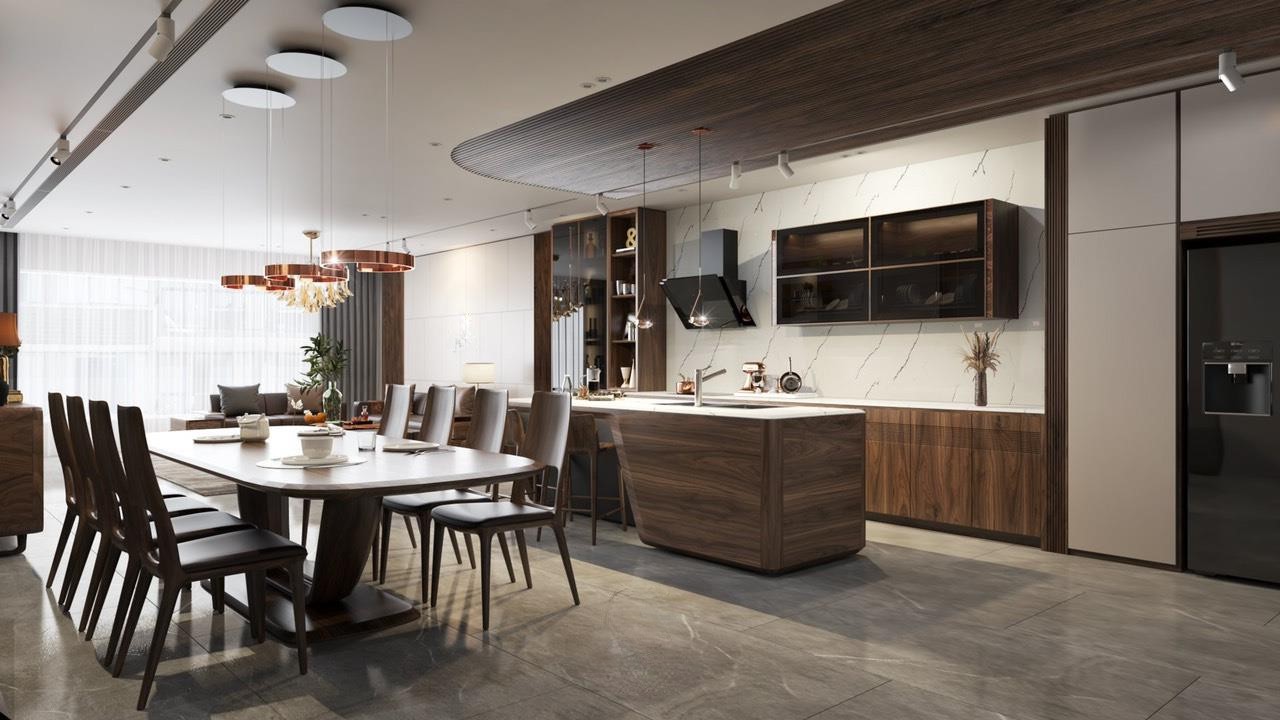 Thiết kế phòng bếp đẹp với tủ chữ I, đá marble trắng vân mây và tủ gỗ MDF vân óc chó