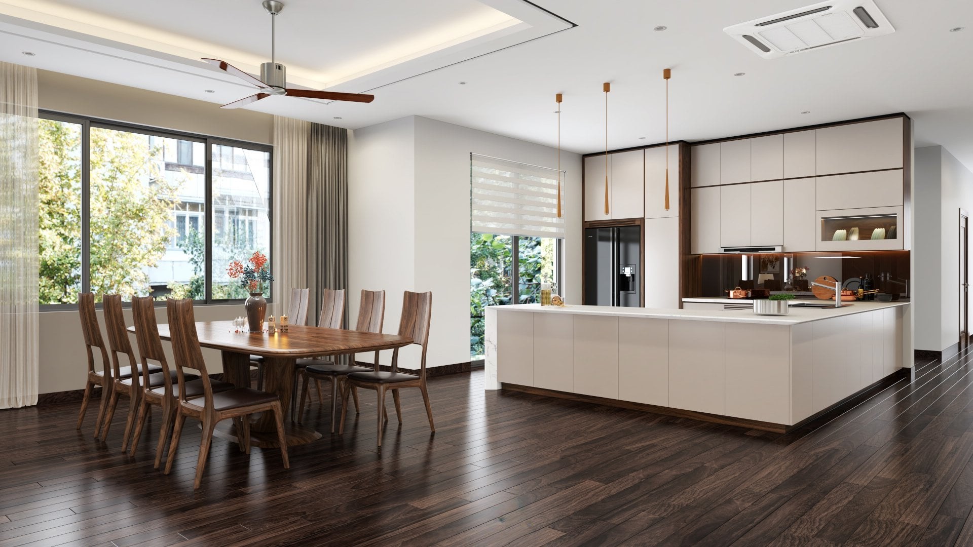 Thiết kế phòng bếp hiện đại với tủ acrylic chữ U và bàn ăn gỗ óc chó