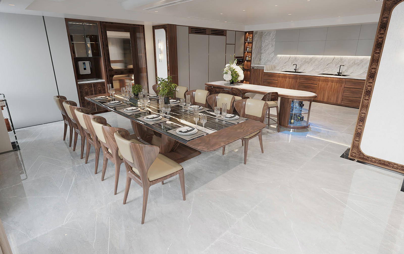 Thiết kế phòng bếp hiện đại với bộ bàn ăn gỗ óc chó và tủ bếp chữ I kết hợp quầy bar