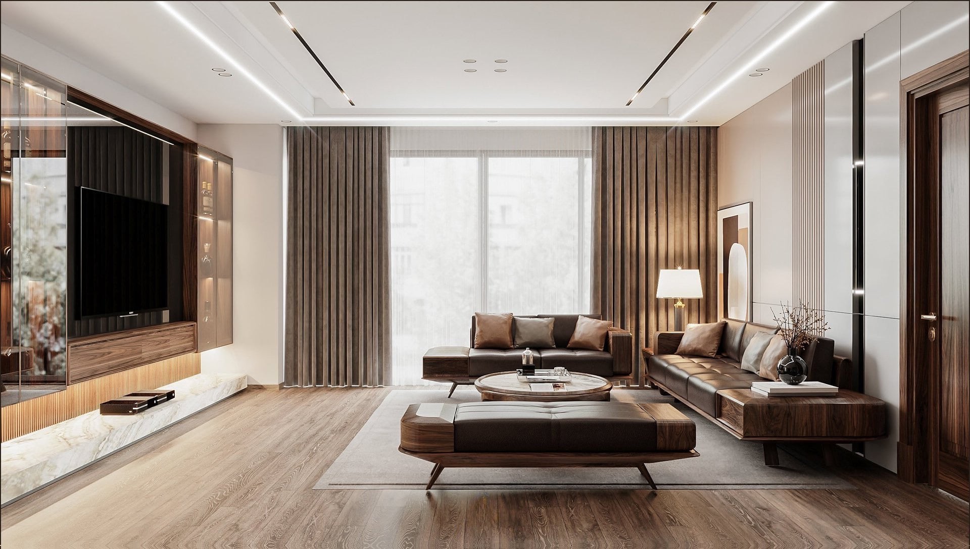 Thiết kế phòng khách chung cư đơn giản với kệ tivi treo tường và bộ bàn ghế gỗ bọc da