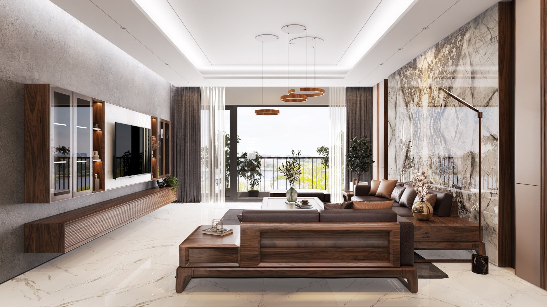 Phòng khách chung cư tối giản với kệ tivi 5 ngăn kéo treo tường, kệ kính hai bên và ốp tường vân đá đối xứng