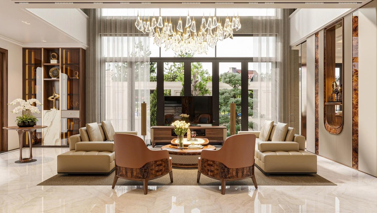 Thiết kế phòng khách đẹp đơn giản với sofa đối xứng, bàn trà tròn 2 tầng và đèn chùm thủy tinh