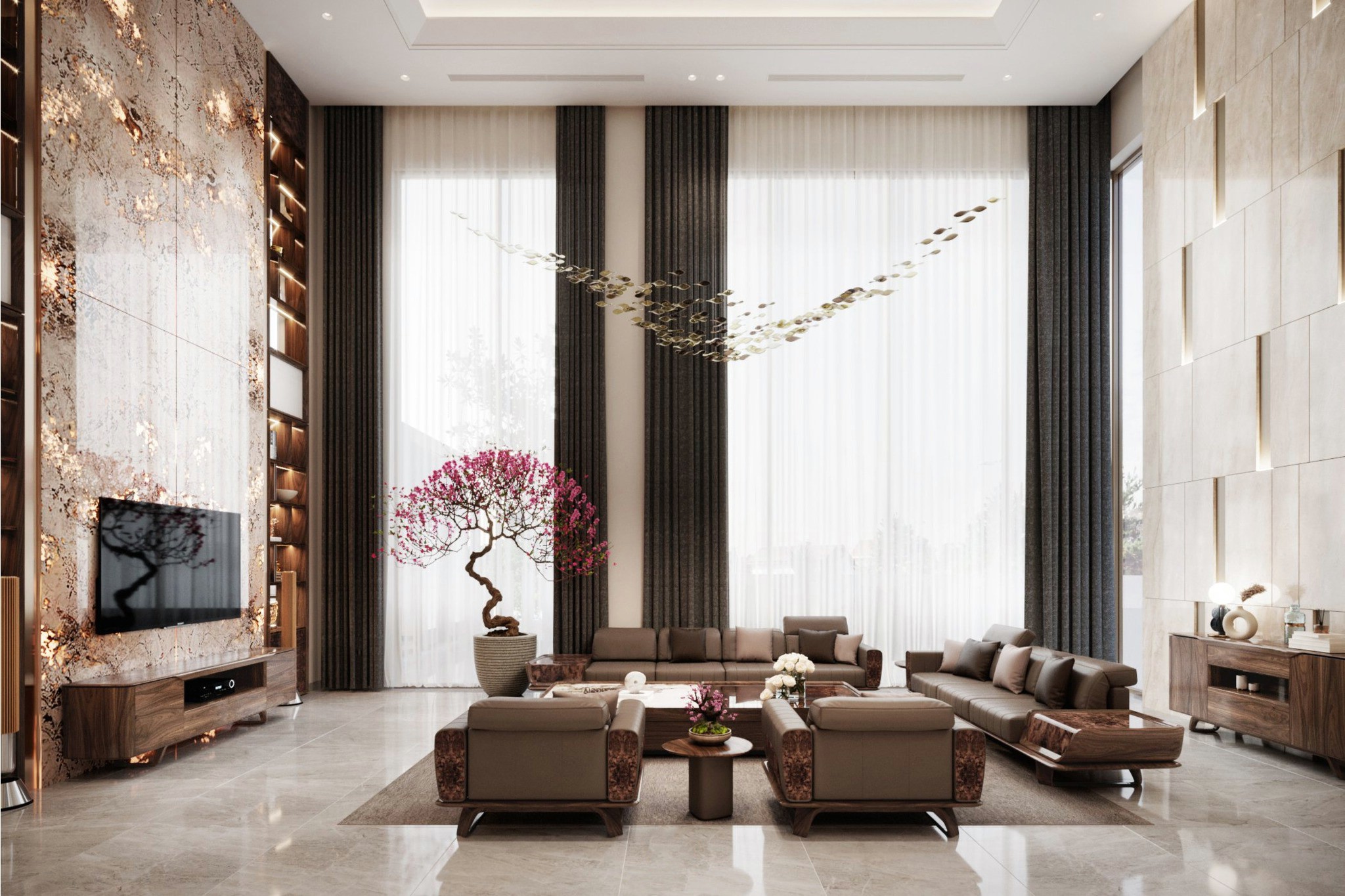 Thiết kế phòng khách đẹp sang trọng hợp phong thủy với vách đá xuyên sáng và bàn ghế gỗ tự nhiên