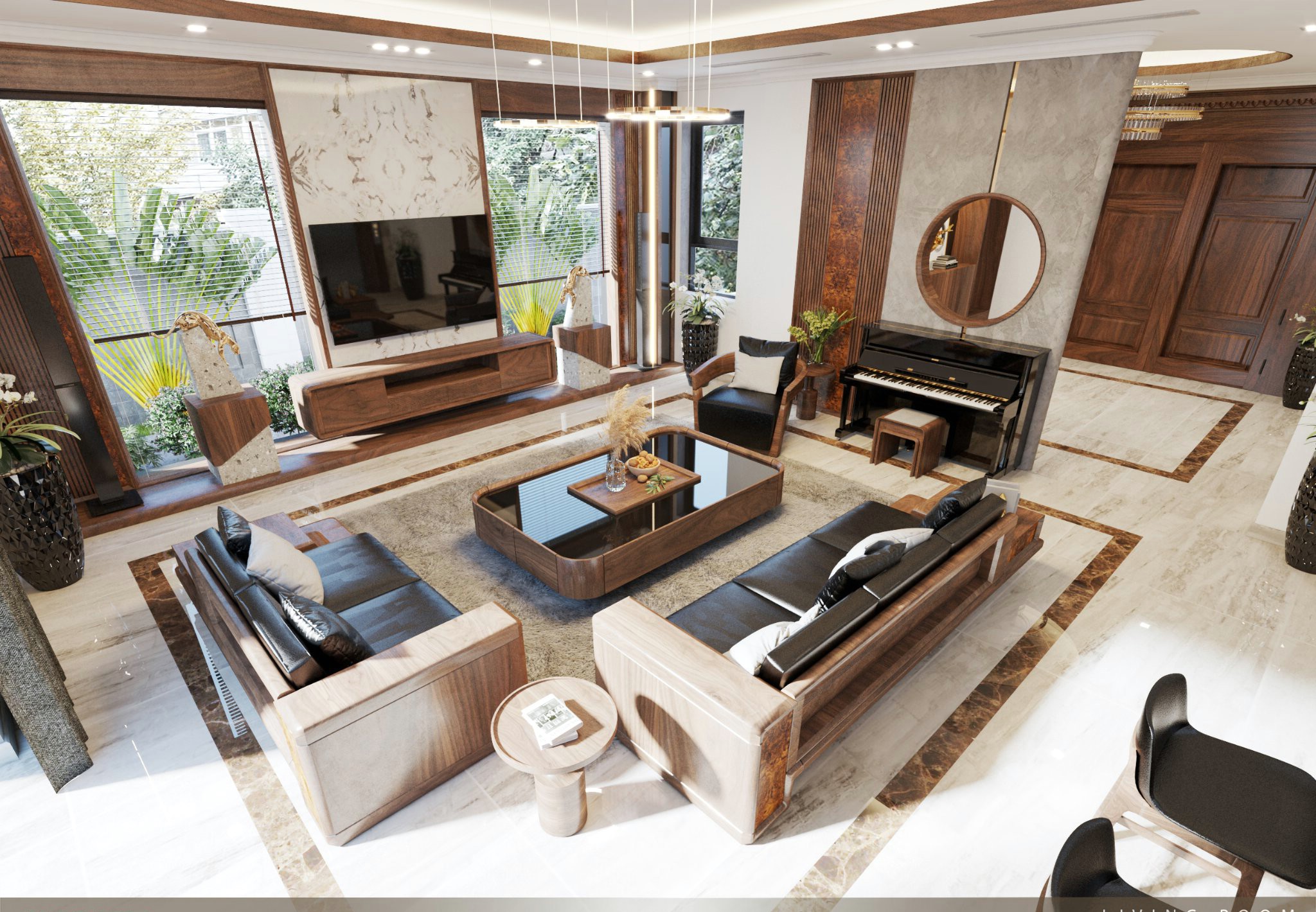 Phòng khách tối giản với sofa gỗ đệm da đen, kệ tivi chữ I treo tường, ốp vân đá Wallux và vách lam sóng