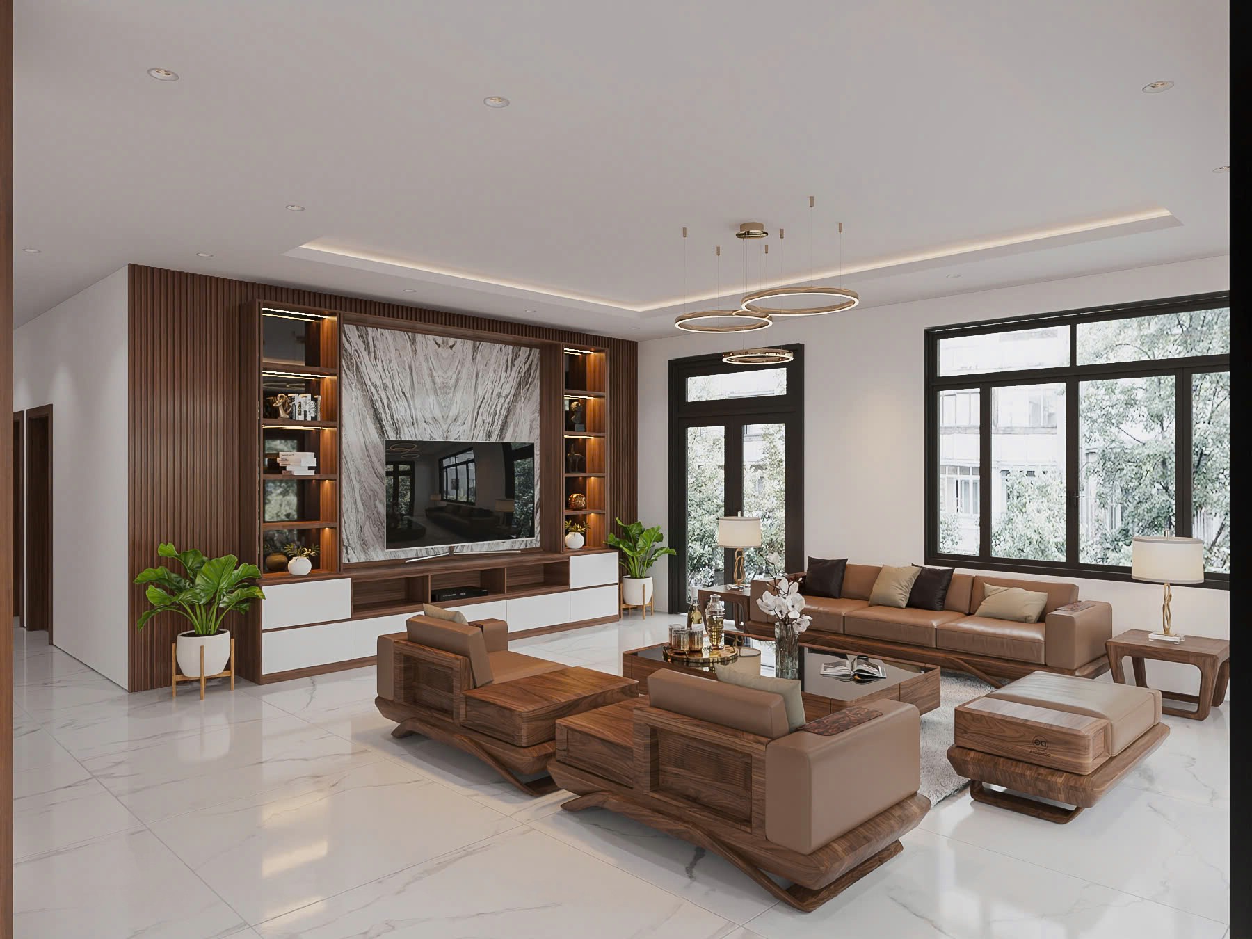 Thiết kế phòng khách gỗ óc chó sang trọng với sofa, bàn trà và kệ tivi tiện nghi