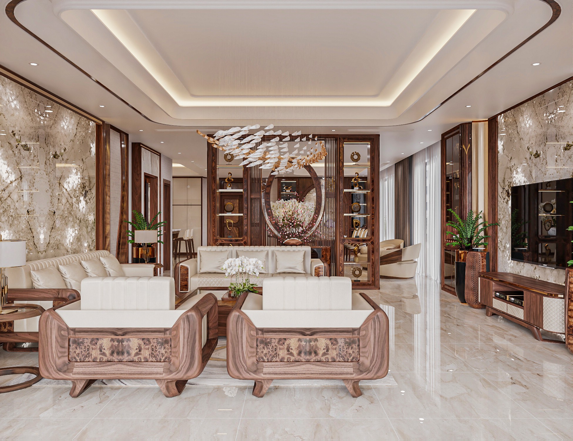 Thiết kế phòng khách hiện đại với đá Onyx xuyên sáng và nội thất gỗ óc chó