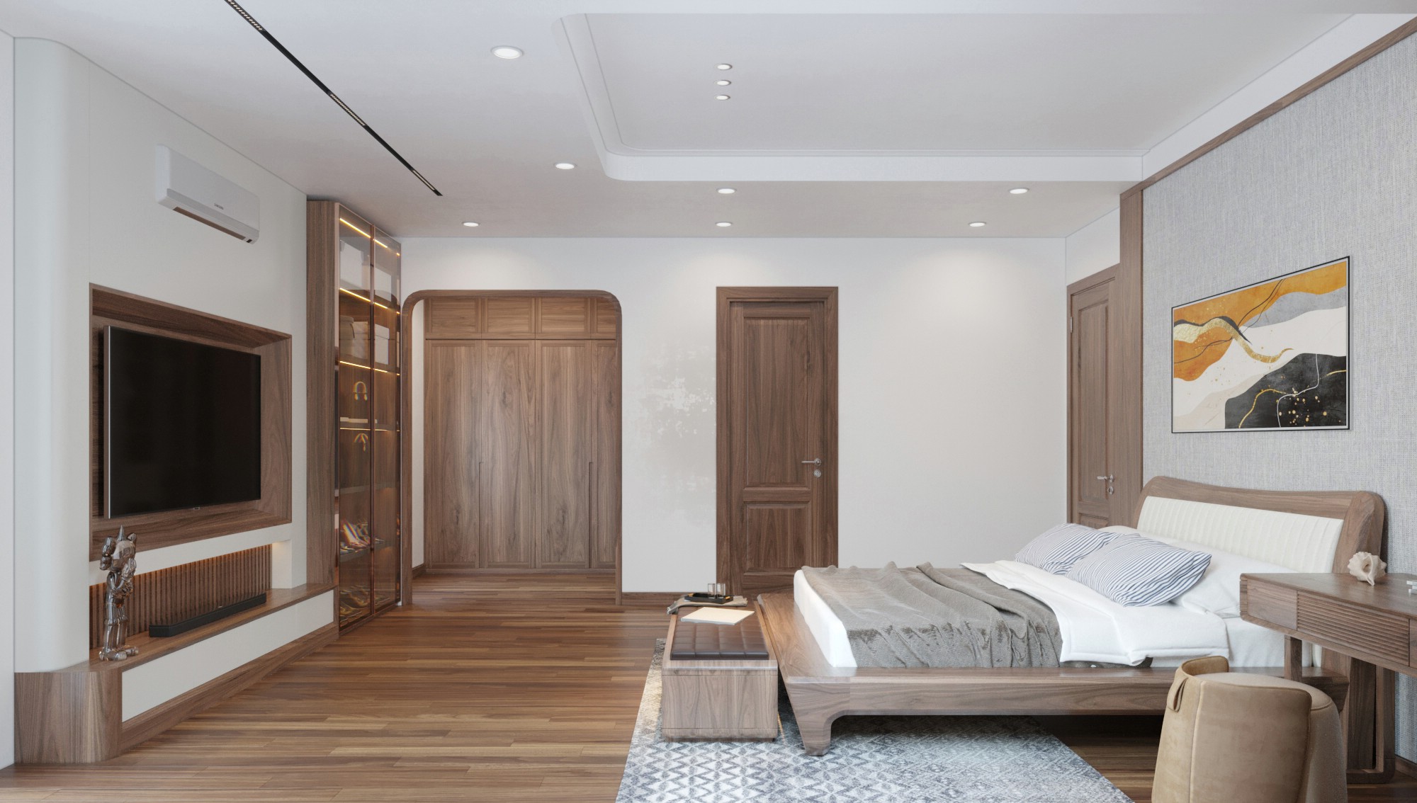 Thiết kế phòng ngủ 20m2 có toilet với giường gỗ óc chó và tủ kính hiện đại