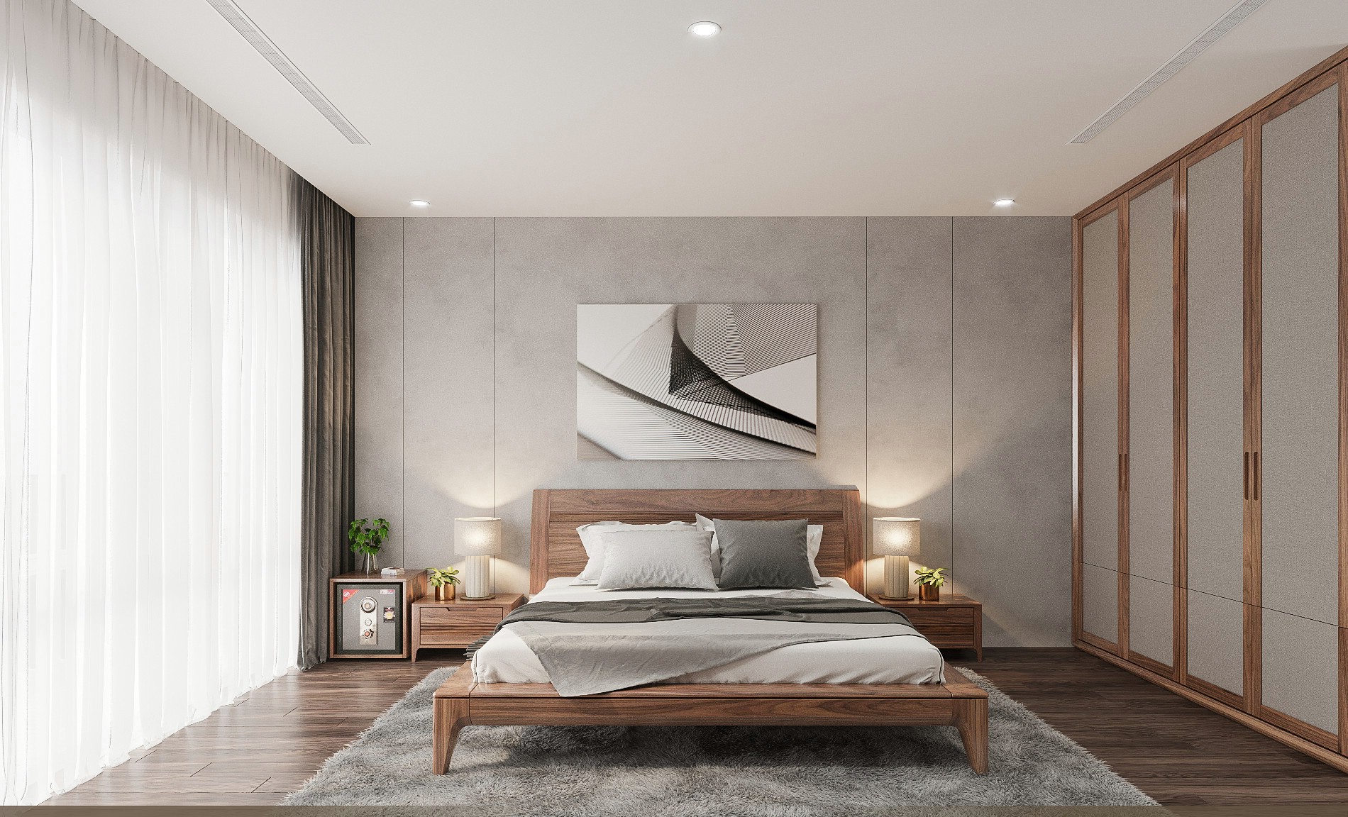 Thiết kế phòng ngủ chung cư 25m2 hiện đại với giường gỗ óc chó và tủ âm tường