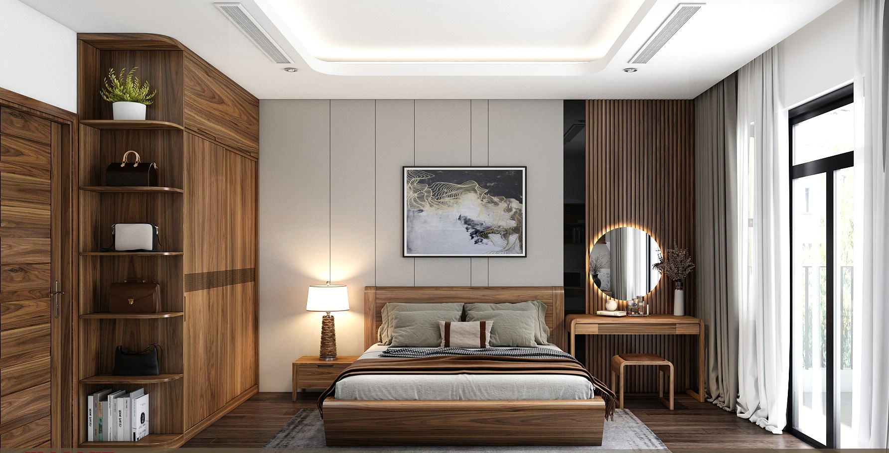 Thiết kế phòng ngủ đẹp cho nữ tone màu nâu trầm và nội thất veneer gỗ óc chó