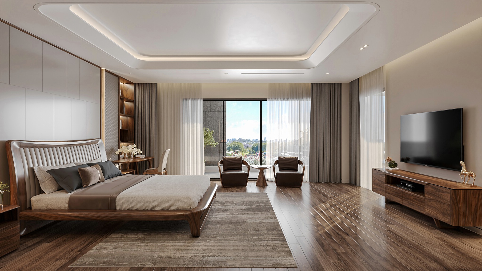 Thiết kế phòng ngủ đẹp sang trọng với giường gỗ óc chó, bàn làm việc oval và kệ tivi gỗ vân óc chó