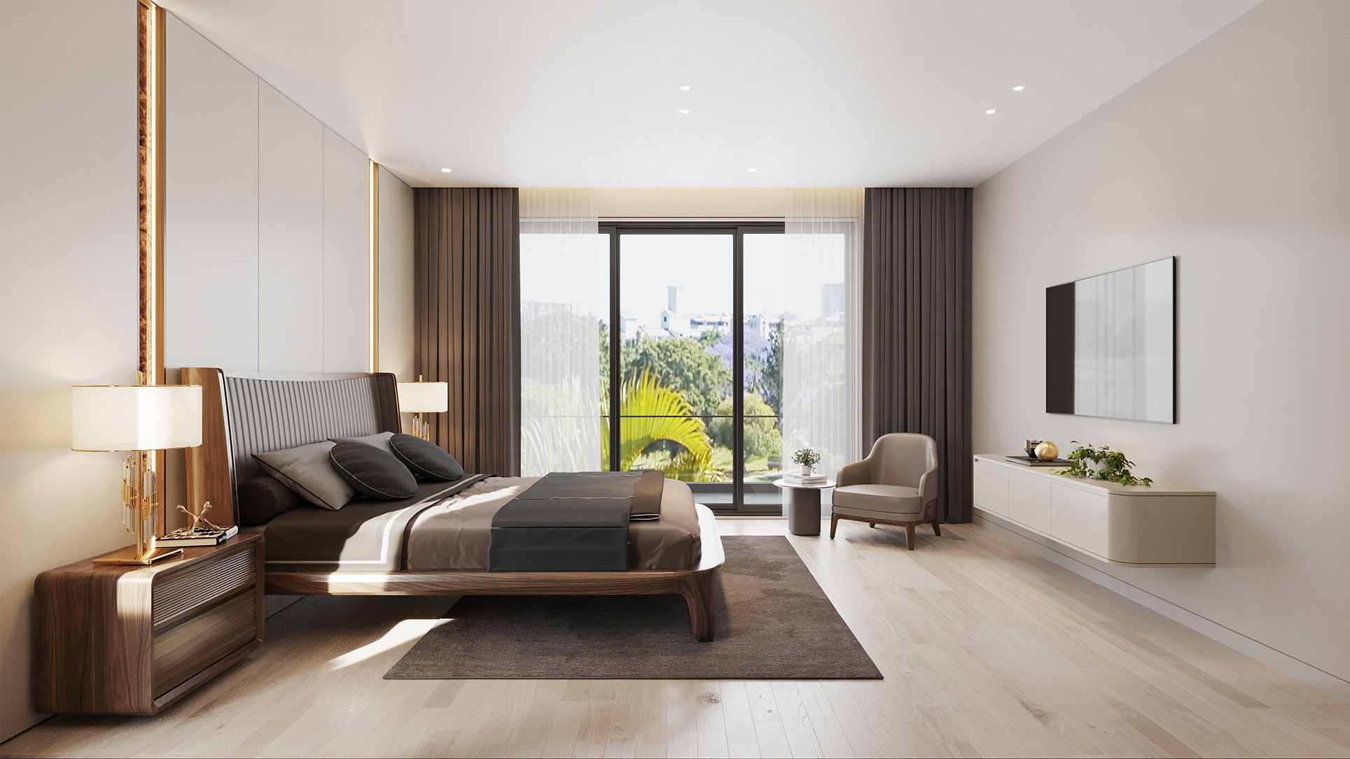 Phòng ngủ đơn giản hiện đại với giường gỗ nâu gụ và kệ tivi treo tường