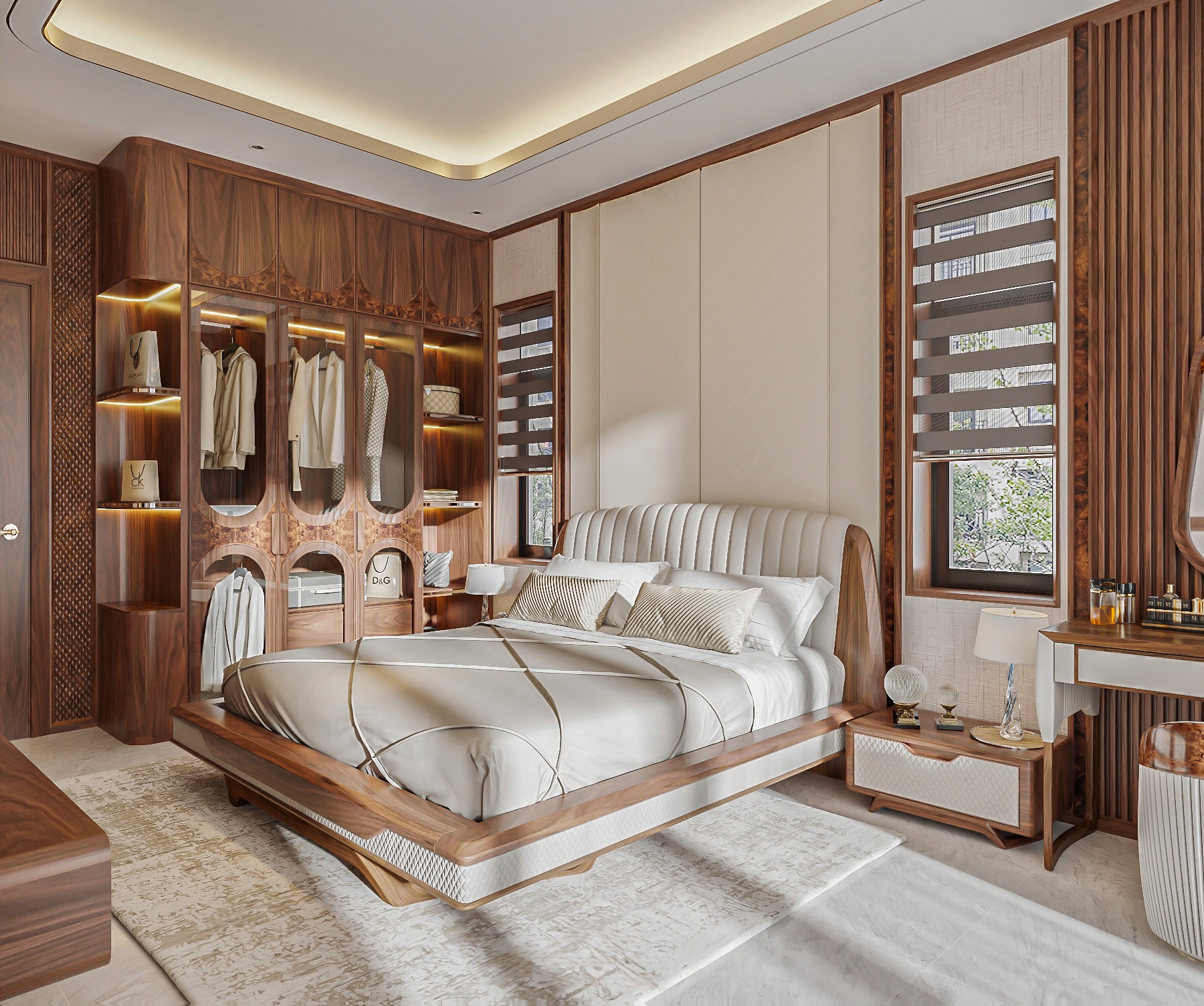 Thiết kế phòng ngủ gỗ óc chó hiện đại với giường, tủ áo và tab đầu giường sang trọng