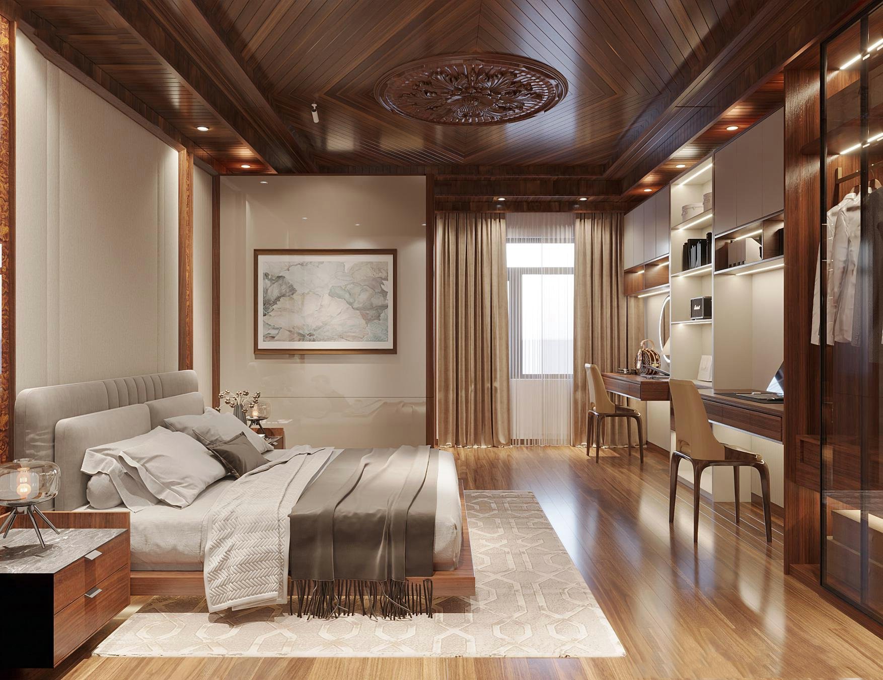 Thiết kế phòng ngủ master hiện đại với bàn làm việc và bàn trang điểm gắn tường