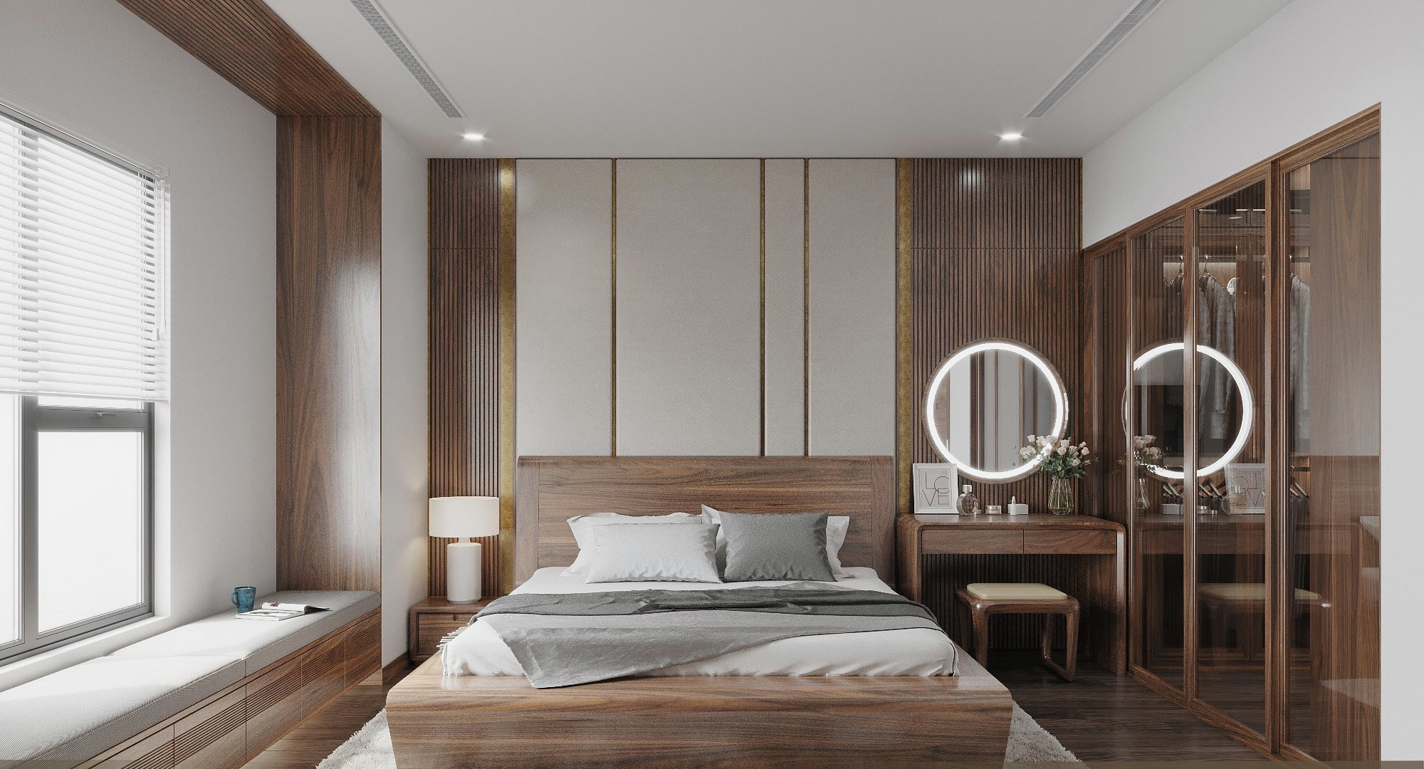 Thiết kế phòng ngủ nhỏ đẹp cho nữ với giường gỗ tự nhiên và tủ quần áo âm tường cánh kính