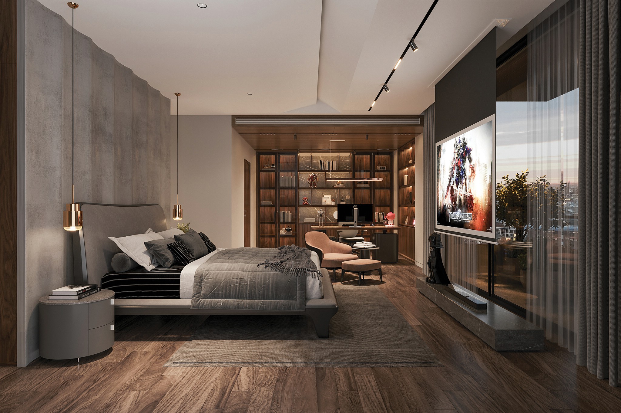 Thiết kế phòng ngủ thông minh với giường xanh rêu, tủ kệ sách âm tường và màn chiếu gắn trần