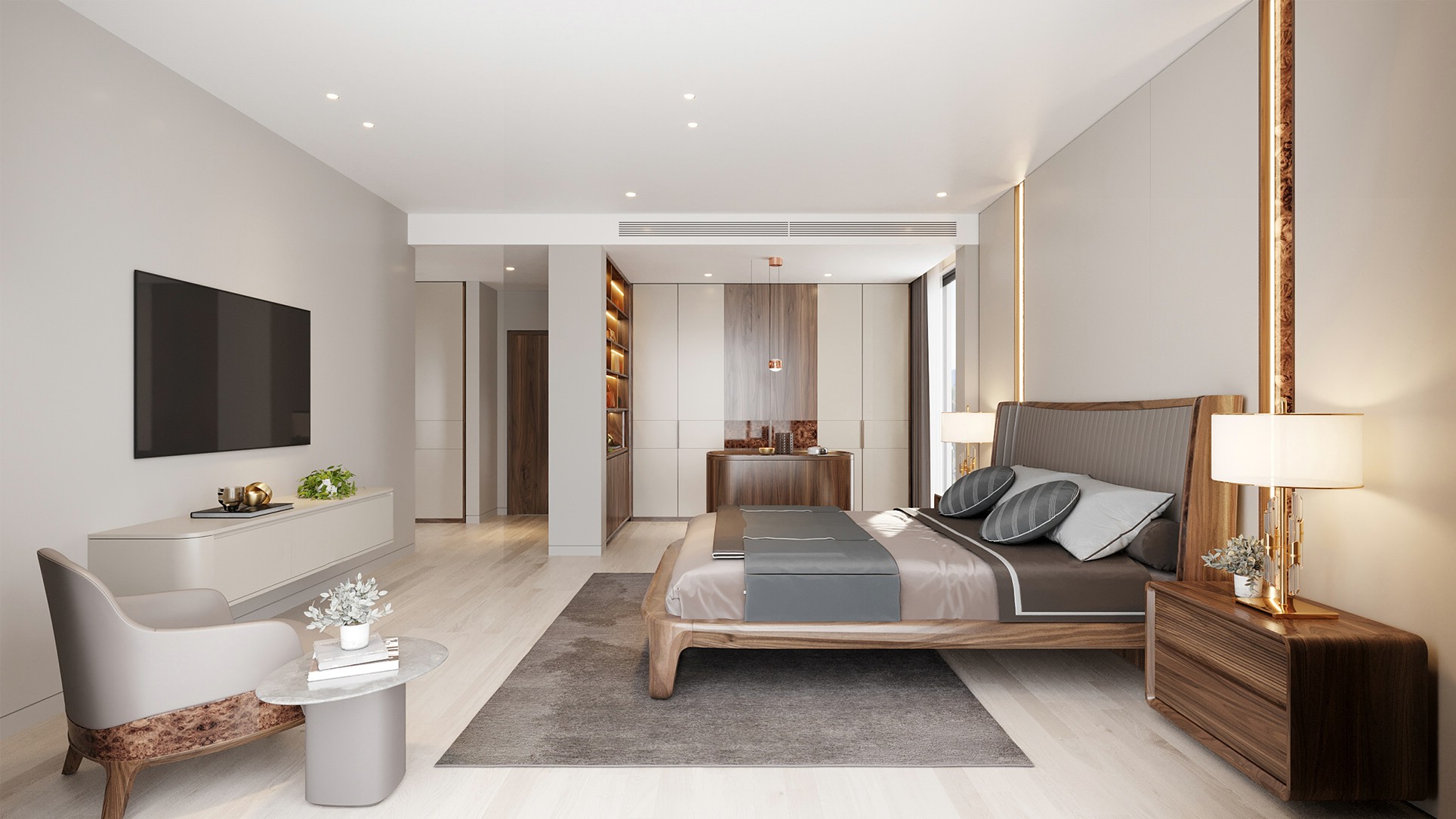 Thiết kế phòng ngủ tối giản tone màu trắng ghi với tủ quần áo âm tường và giường gỗ óc chó