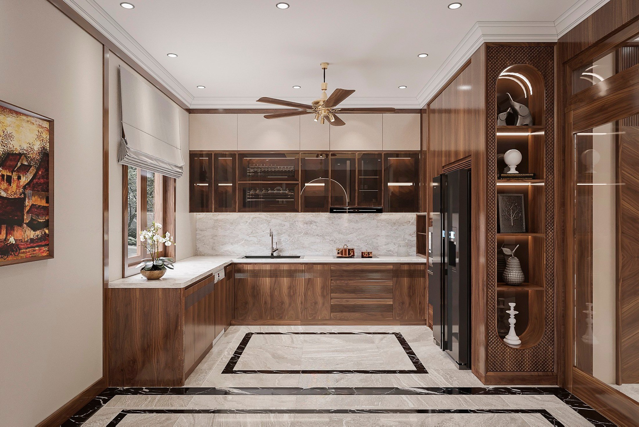 Tủ bếp chữ U hiện đại với tủ treo acrylic trắng, cánh kính; tủ dưới MDF vân gỗ, trái có cửa kính lấy sáng; phải là cụm tủ lạnh, lò nướng, lò vi sóng