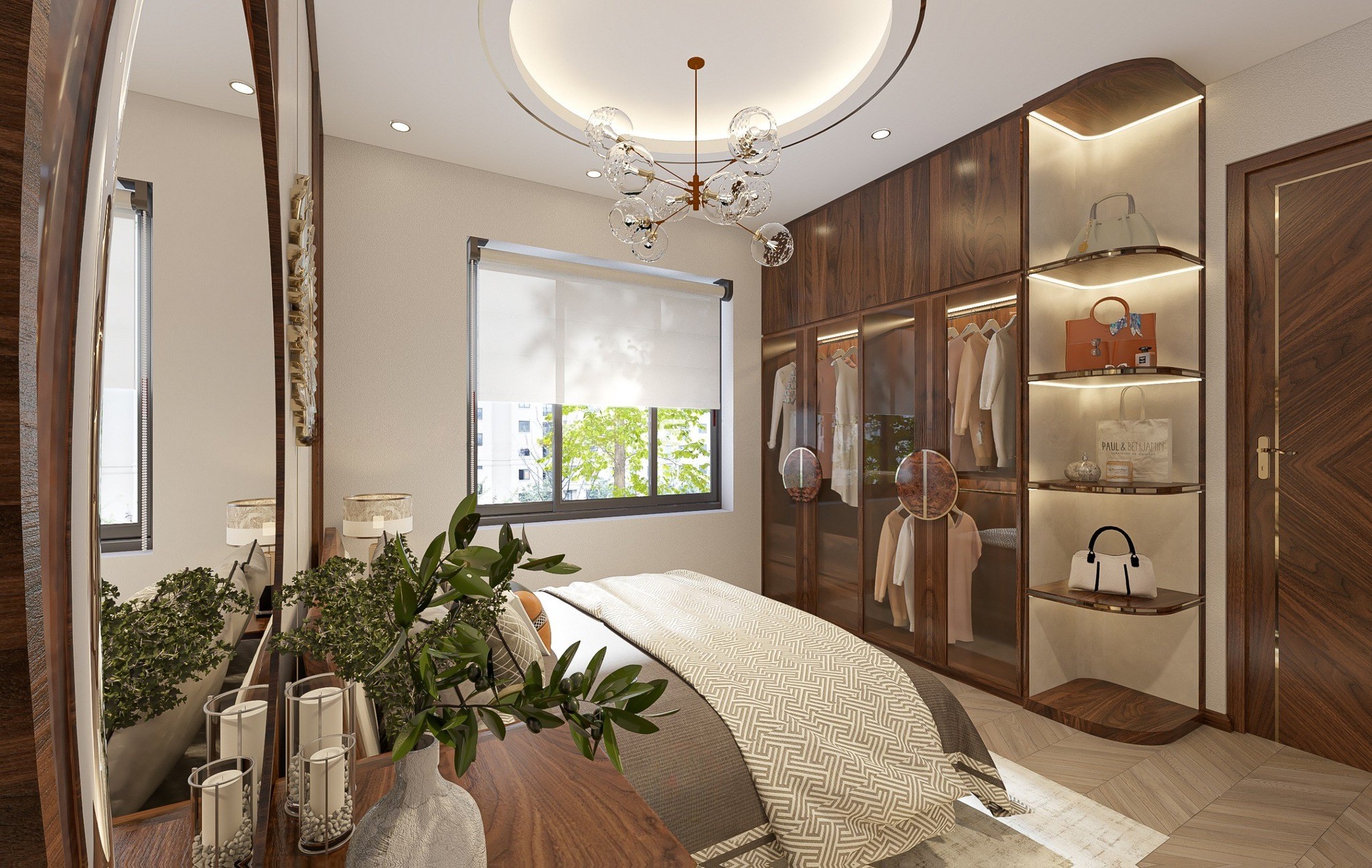 Thiết kế tủ quần áo cho phòng ngủ nhỏ chữ I gỗ MDF phủ veneer gỗ óc chó màu nâu gụ