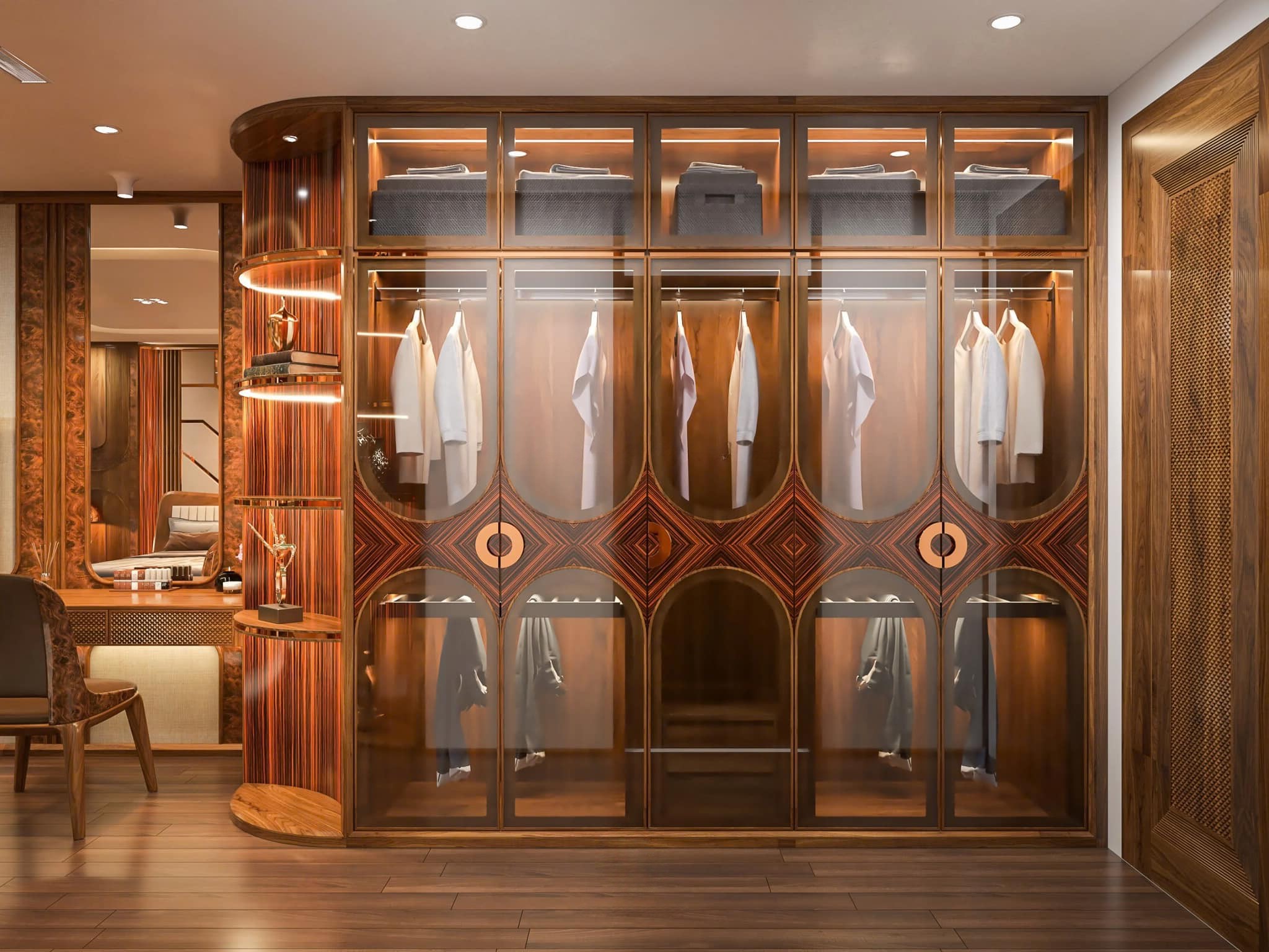 Thiết kế tủ quần áo hiện đại chữ I 5 cánh kính với kệ 5 tầng vát cong ốp veneer nu và tay nắm tròn mạ vàng đồng