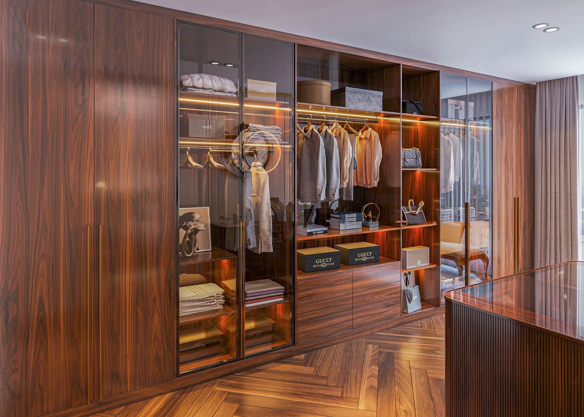 Thiết kế tủ quần áo thông minh gỗ óc chó nâu đỏ với tủ treo không cánh và kệ trang trí