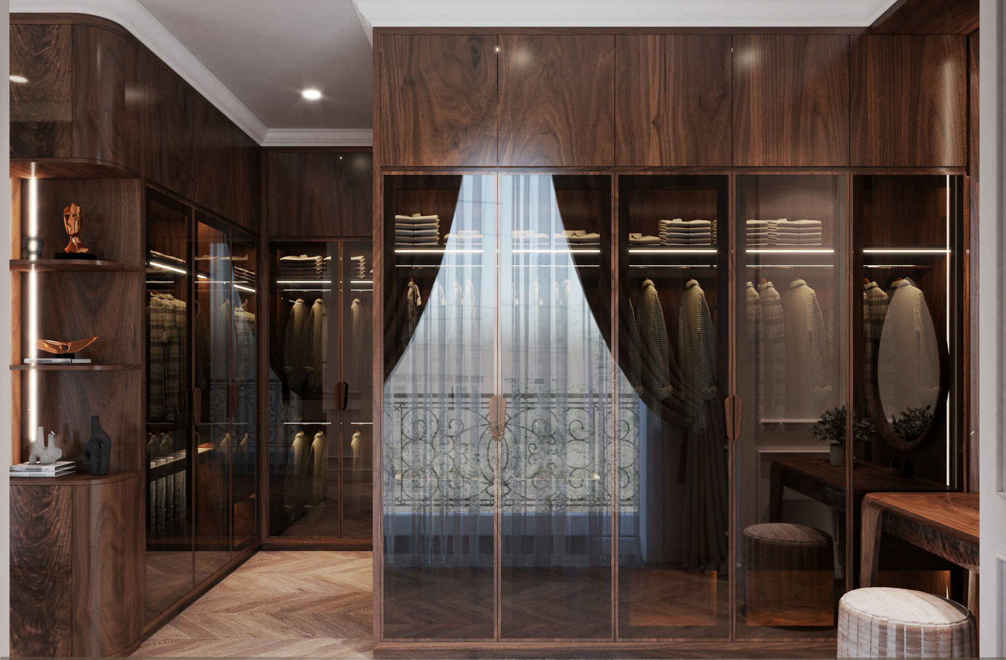 Thiết kế tủ quần áo hiện đại kết hợp cánh gỗ và kính cường lực trong suốt
