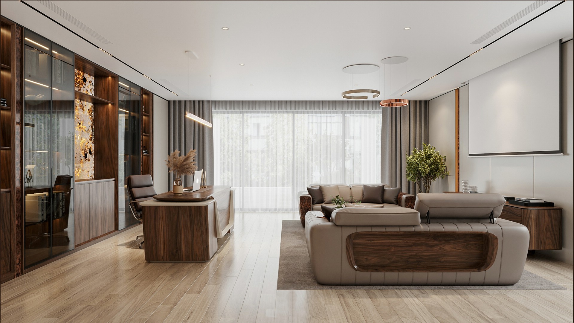 Thiết kế văn phòng làm việc với bàn gỗ óc chó, tủ sách kính và vách tranh đá xuyên sáng