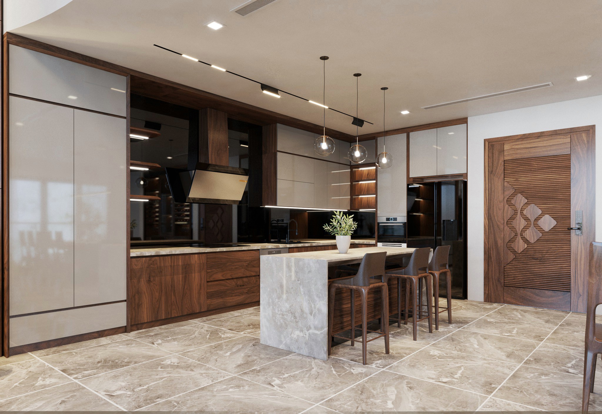 Tủ bếp cao cấp chữ L gỗ óc chó kết hợp acrylic trắng và bàn bar đá granite Tủ bếp cao cấp chữ L gỗ óc chó kết hợp acrylic trắng và bàn bar đá granite