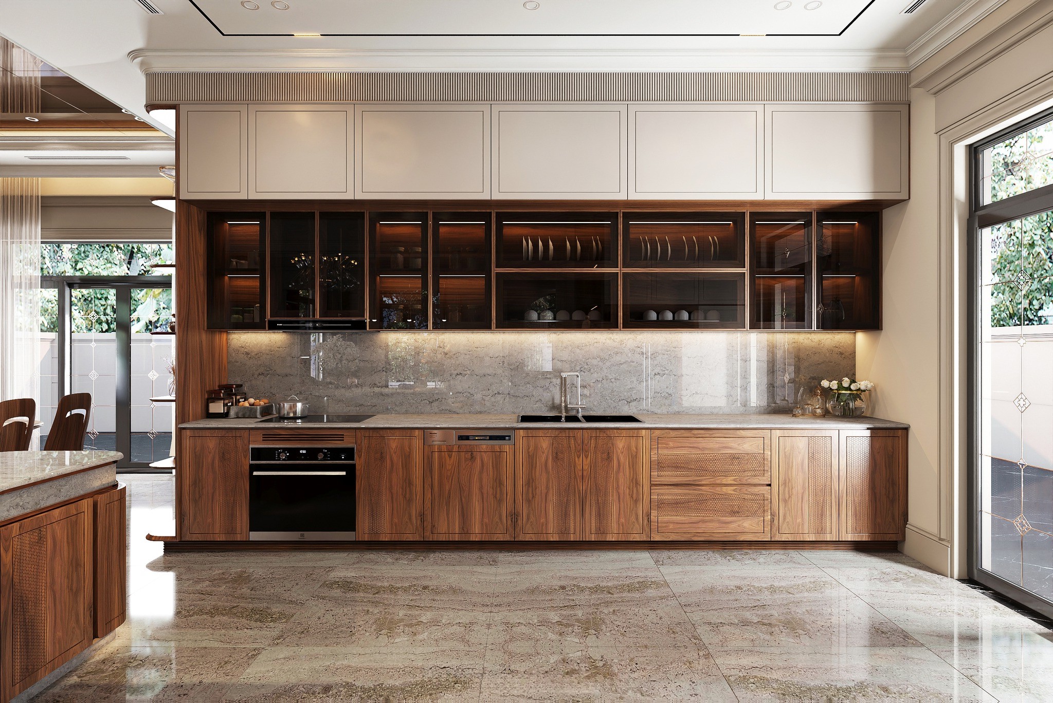 Tủ bếp chữ I hiện đại với tủ treo acrylic trắng và tủ dưới gỗ óc chó nâu trầm