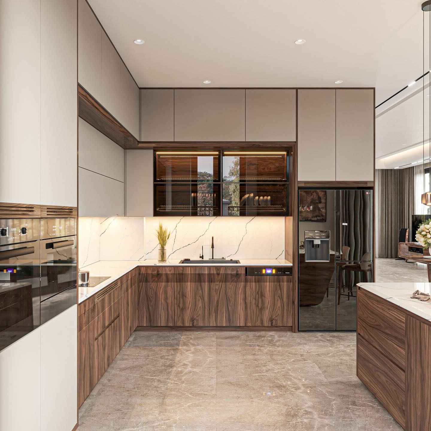 Mẫu tủ bếp chữ L đẹp cao kịch trần với mặt cánh acrylic trắng và gỗ tự nhiên nâu đen