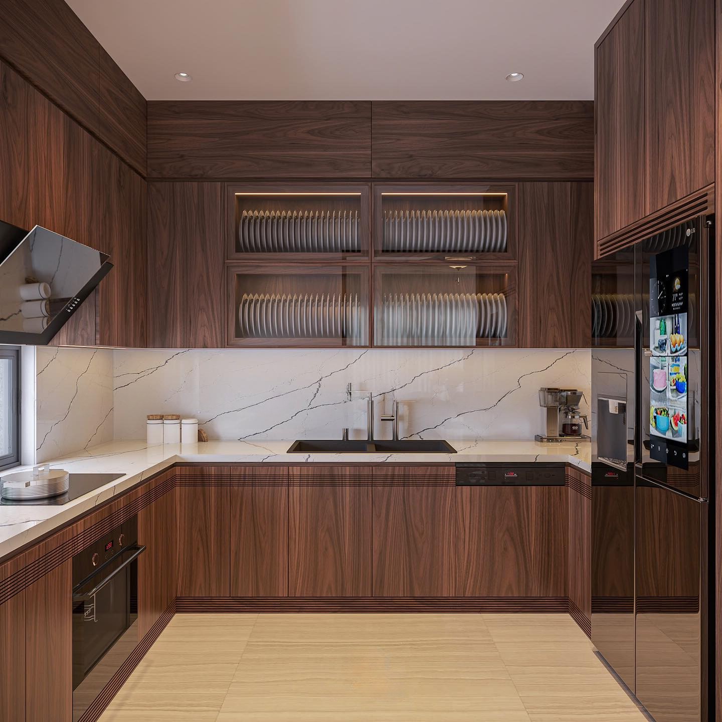 Tủ bếp gỗ óc chó tự nhiên chữ U hiện đại ốp đá granite trắng vân tia đen