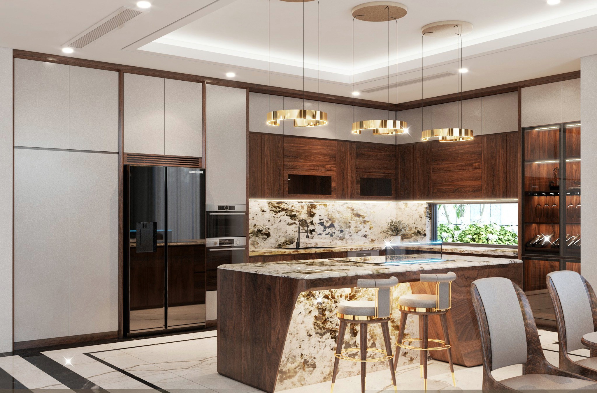 Tủ bếp gỗ óc chó cao cấp thiết kế chữ L kết hợp cánh Acrylic trắng và quầy bar