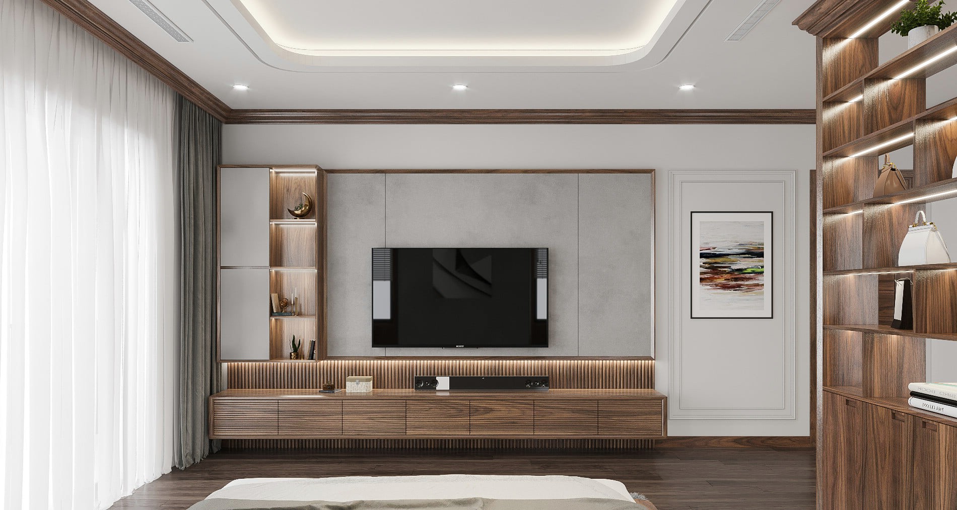 Tủ kệ tivi hiện đại treo tường phòng ngủ với 7 ngăn kéo gỗ CNC và kệ trang trí