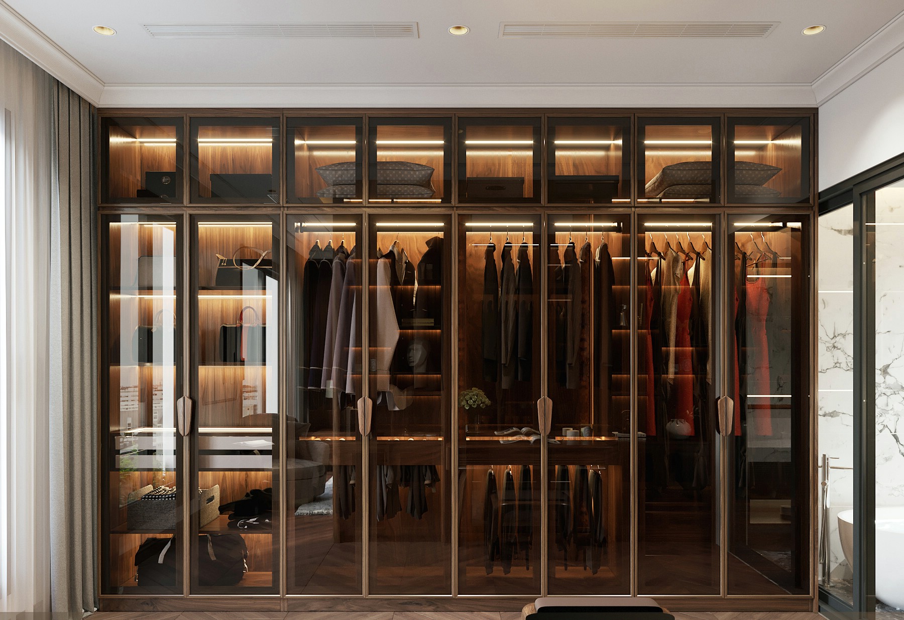 Tủ quần áo cánh kính cường lực, khung đen, gỗ veneer nâu trầm