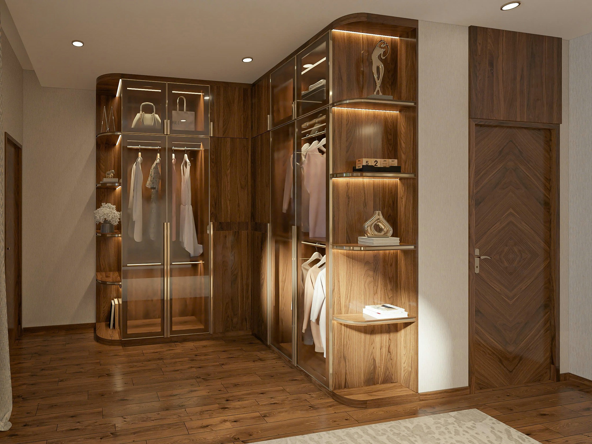 Tủ quần áo đẹp hiện đại chữ L cánh kính và cánh gỗ màu nâu trầm