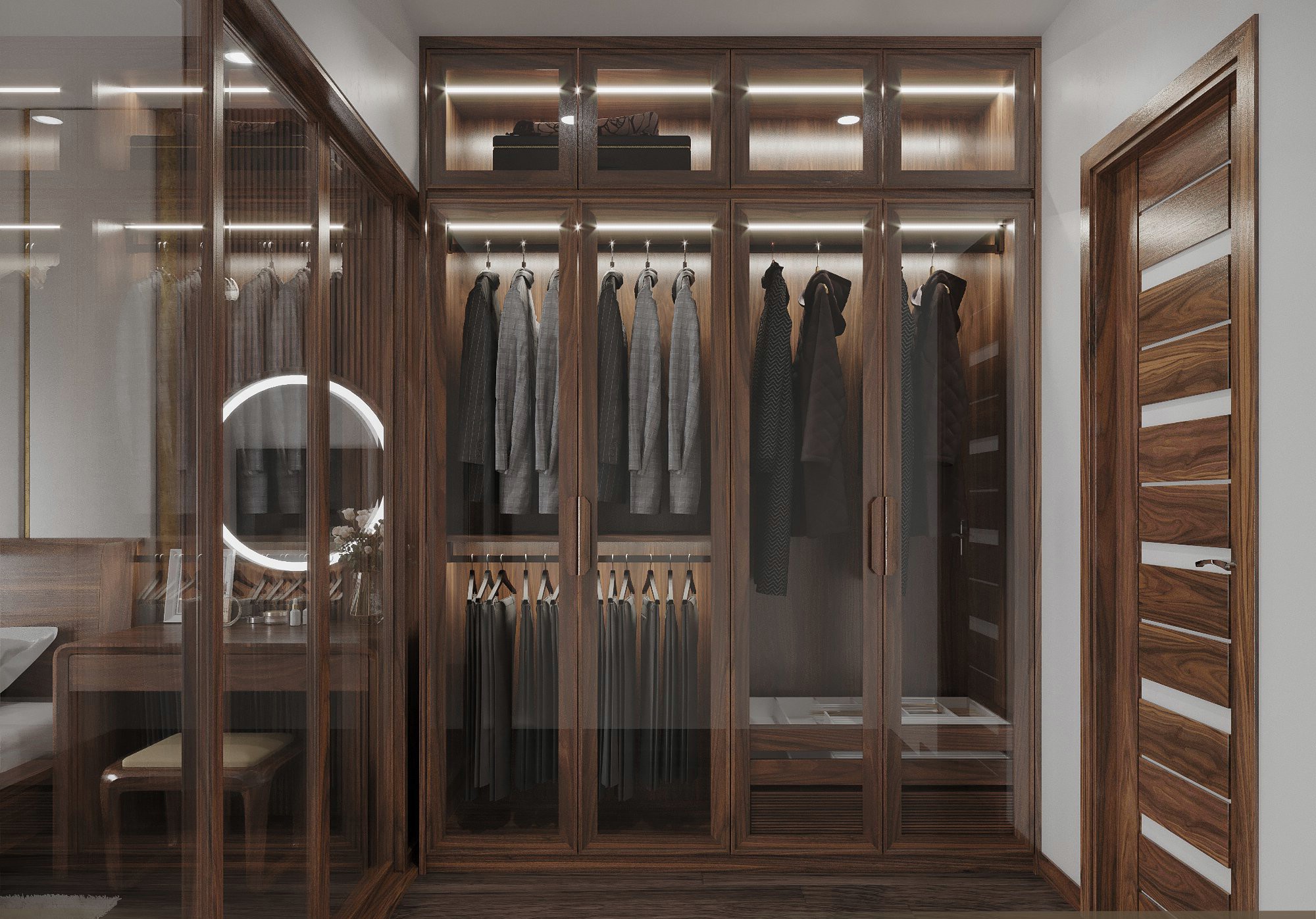 Tủ quần áo gỗ hiện đại dáng chữ I cao kịch trần với hệ cánh kính sang trọng