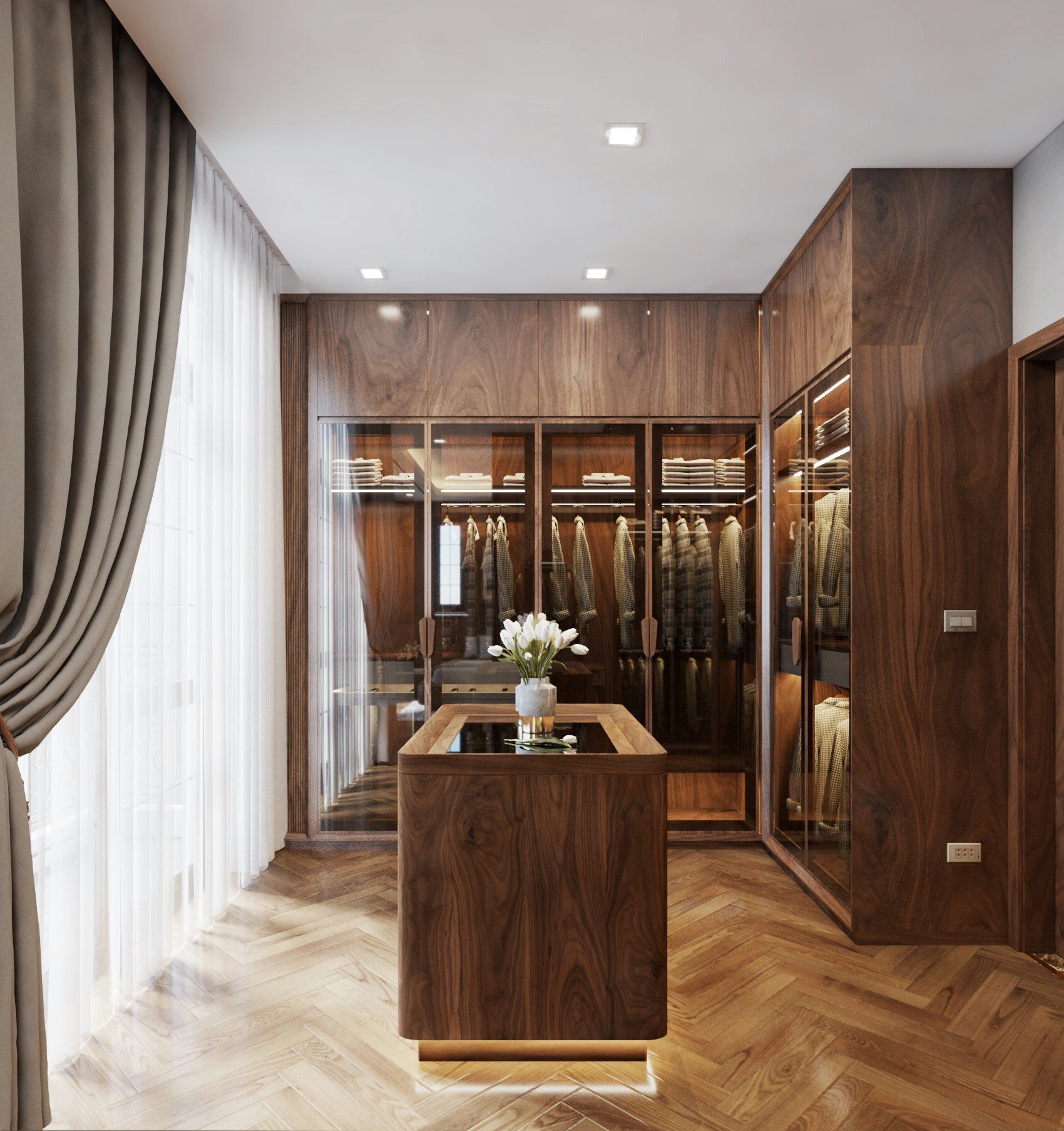 Tủ quần áo gỗ tự nhiên chữ L cao kịch trần với thiết kế cánh kính hiện đại