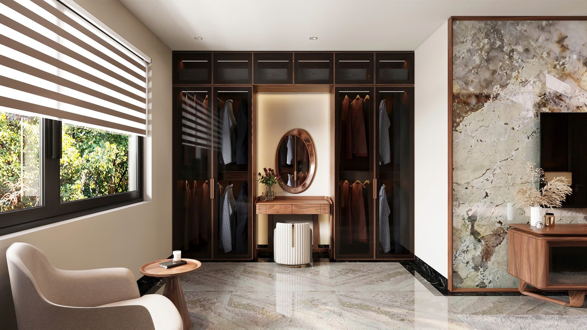 Tủ quần áo kết hợp bàn trang điểm hiện đại với gương oval và ghế đôn da trắng – xám