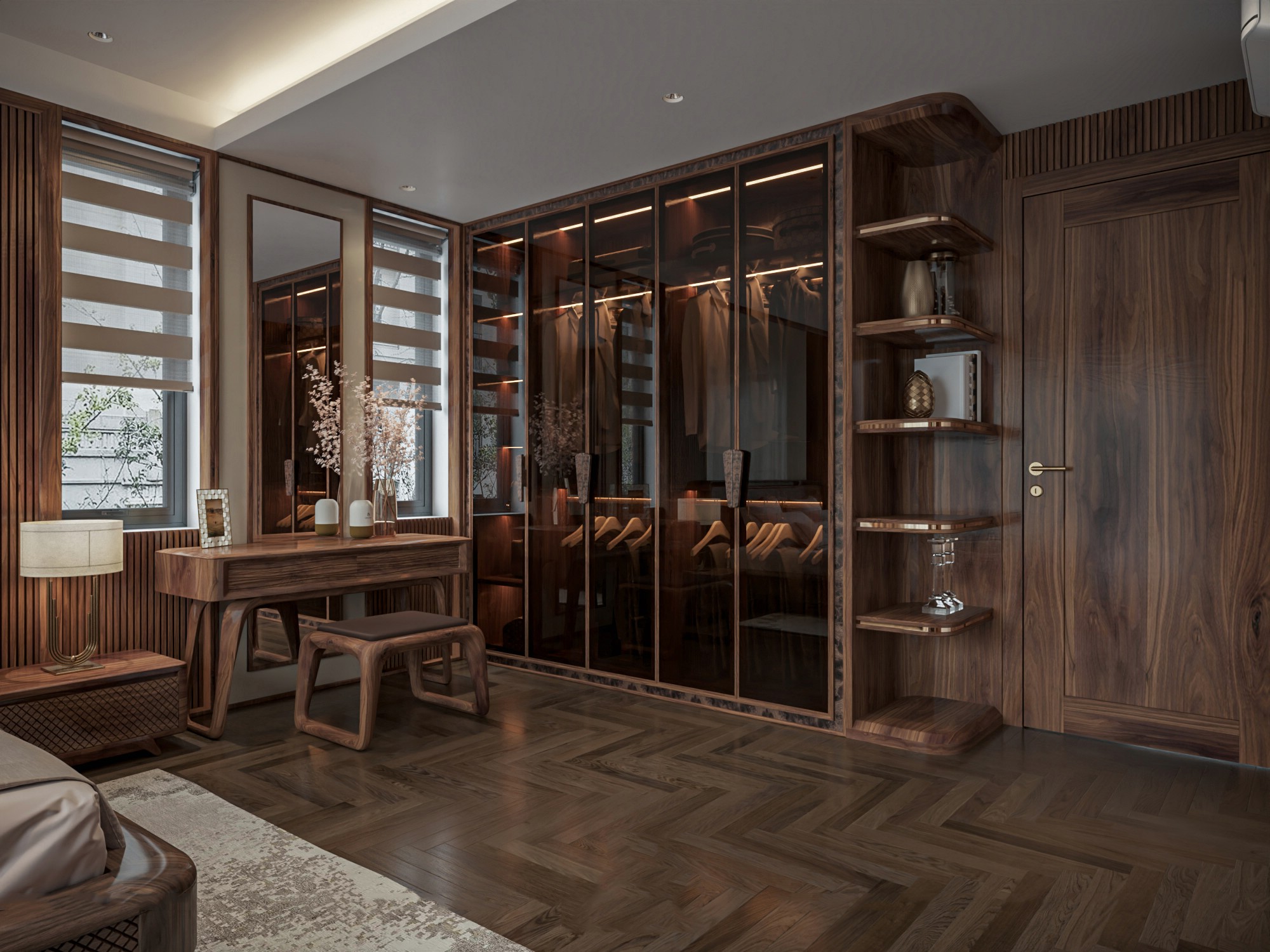 Tủ quần áo phòng ngủ hiện đại chữ I gỗ tự nhiên cánh kính