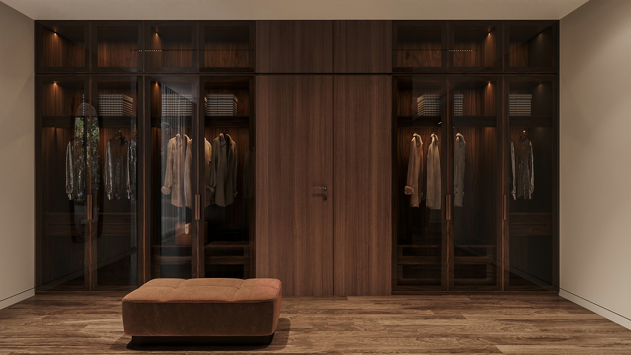Tủ quần áo thông minh hiện đại cánh kính và gỗ MDF phủ laminate màu nâu đậm