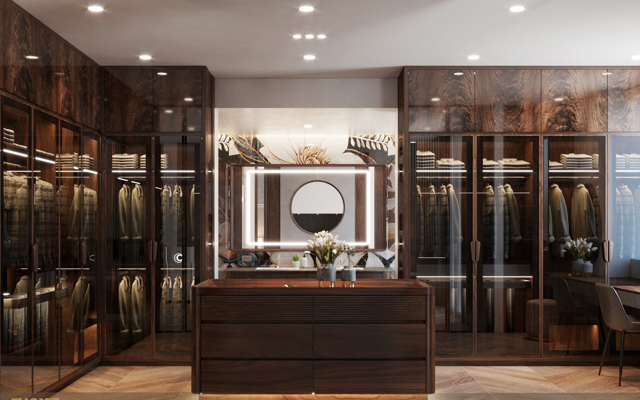 Tủ quần áo trong phòng ngủ gỗ tự nhiên chữ L và chữ I với cánh gỗ và kính sang trọng